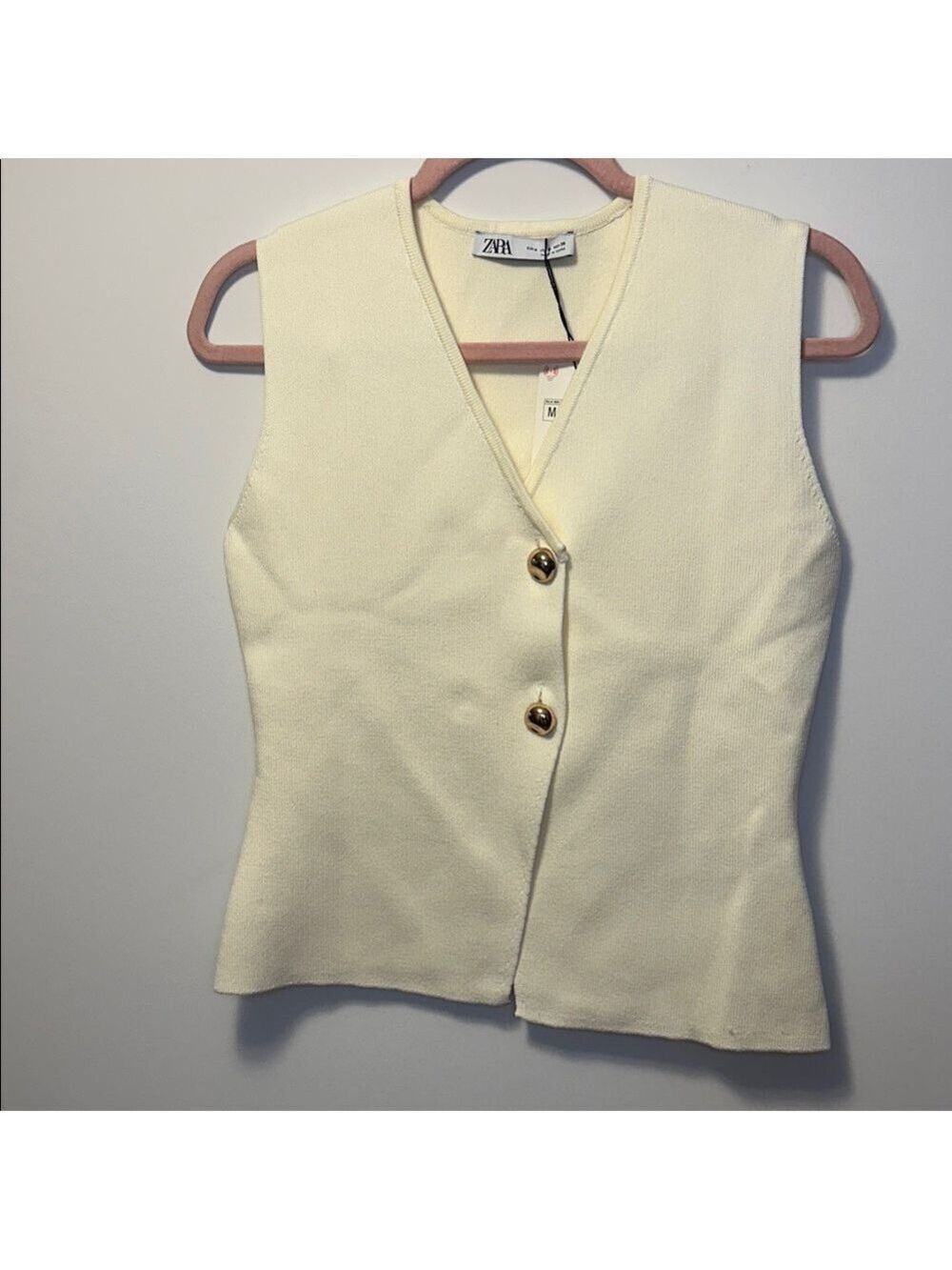 Zara Knit Asymmetrical Gold Button Ecru Vest Sleeveless Top - Picture 5 of 11